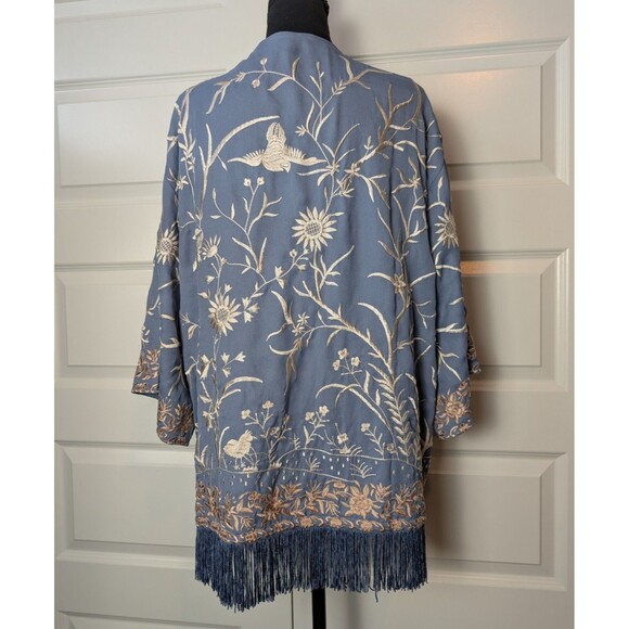 Soft Surroundings Size S/M Hidden Garden Fringe Blue Cream Embroidered Kimono - Picture 3 of 11